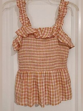 Old Navy Top Womens XS Orange Plaid Smocked Square Neck Ruffle Cottage Peplum